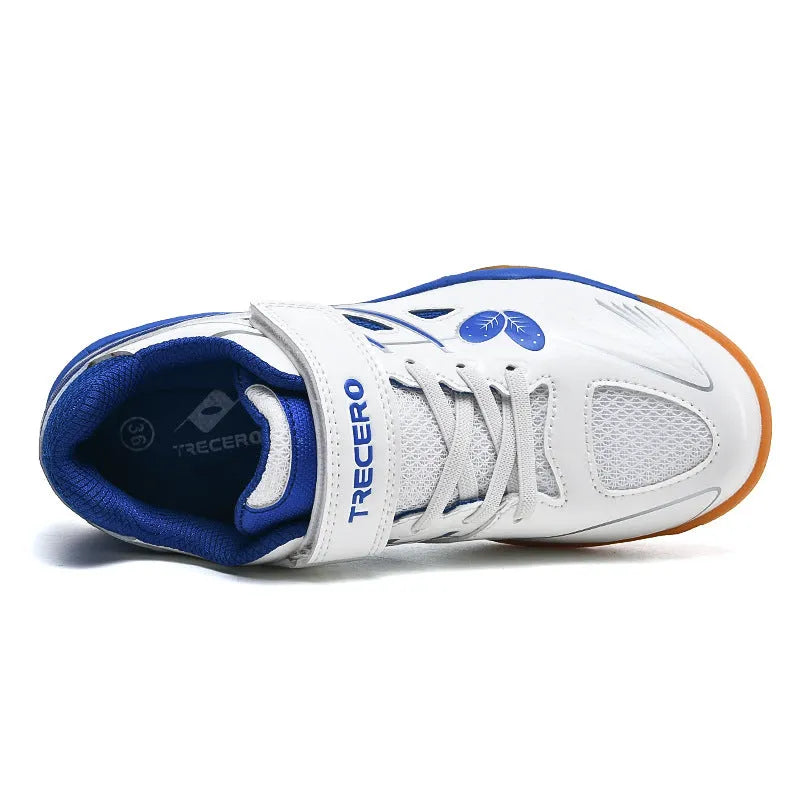 White and blue breathable badminton shoes with a low-top casual design and ribbed sole.