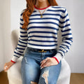 Sapphire Blue striped knitted pullover with contrast colour detailing and round neck