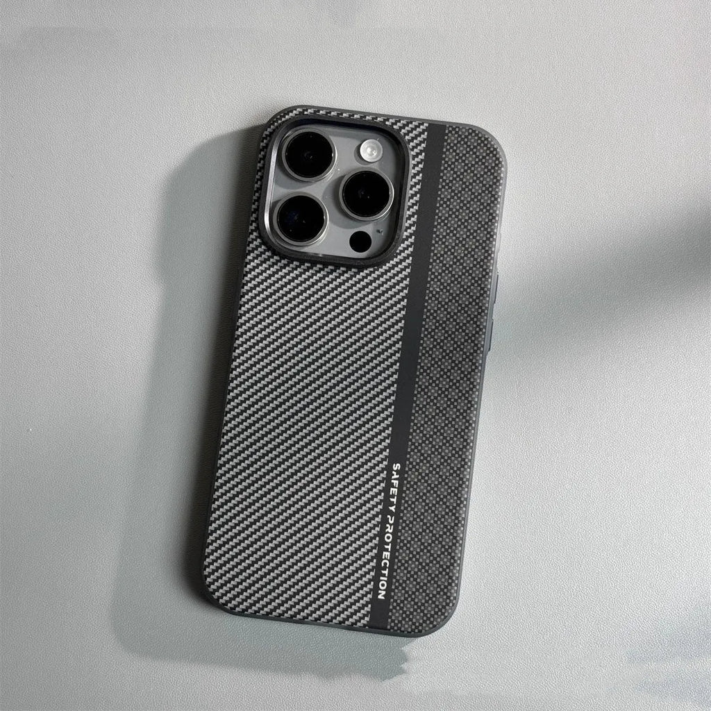 Carbon fiber drop-resistant protective cover for iPhone 12 13 14 Pro Max in black plaid pattern with frosted finish
