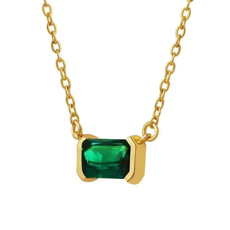 Gold geometric quadrilateral pendant necklace with lvzuan inlay on 42 cm chain