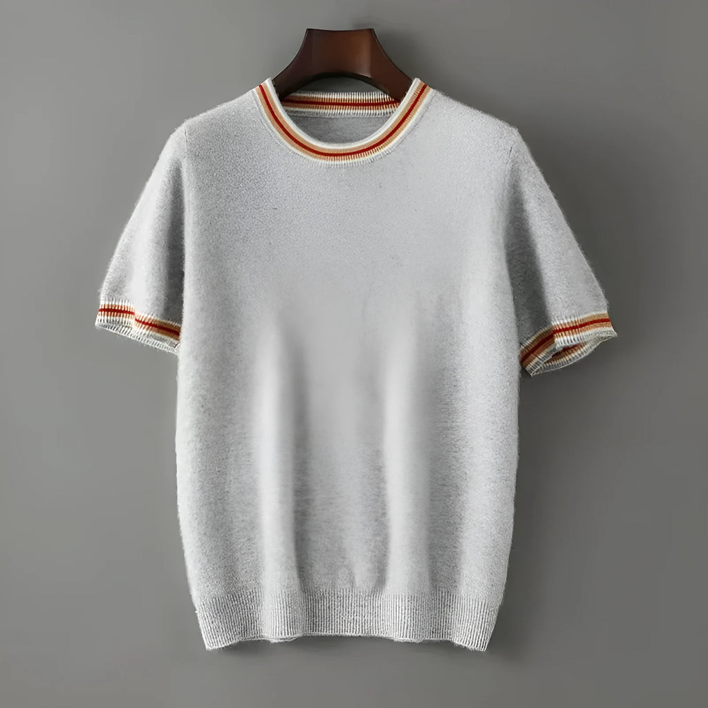 Men's grey pure wool short sleeve pullover sweater with a round neck on a hanger