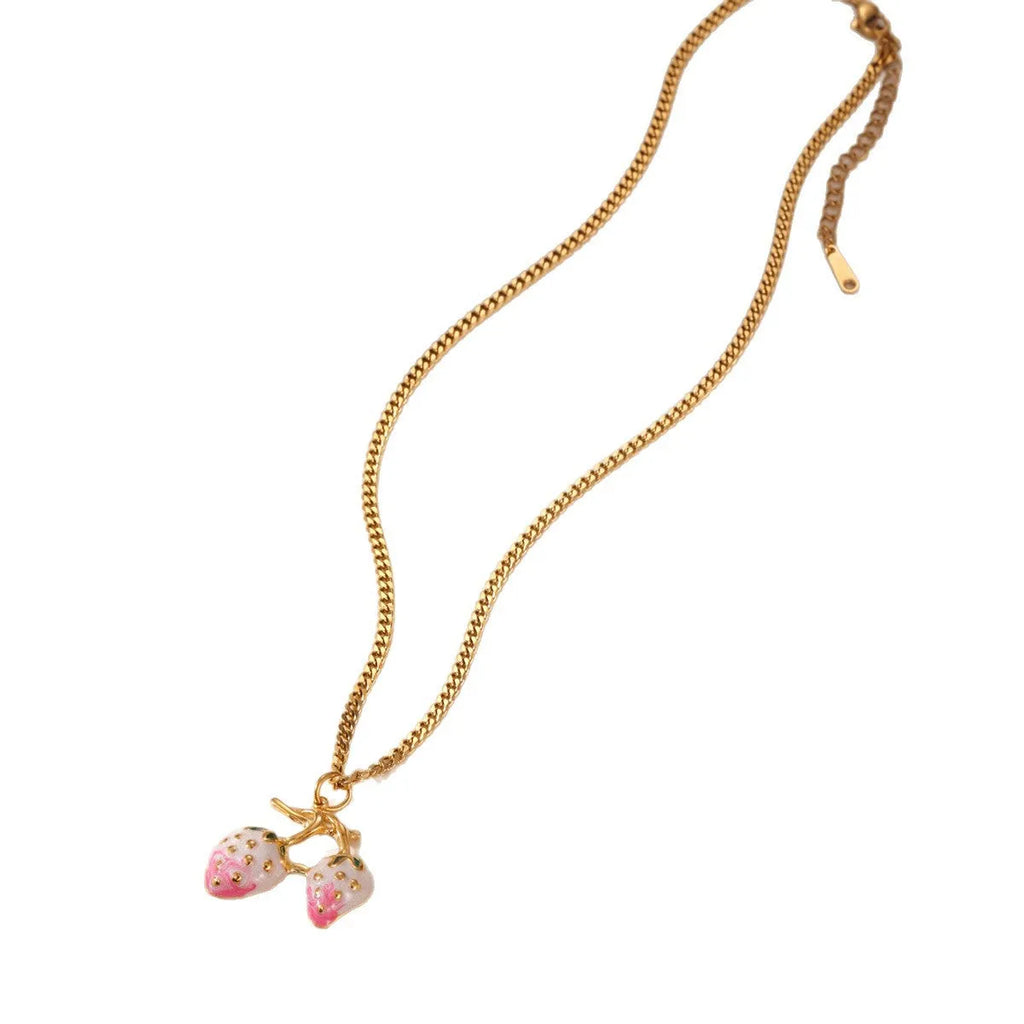 Strawberry fruit pendant necklace for women on a stainless steel chain, shown in red and white gradient colour options.