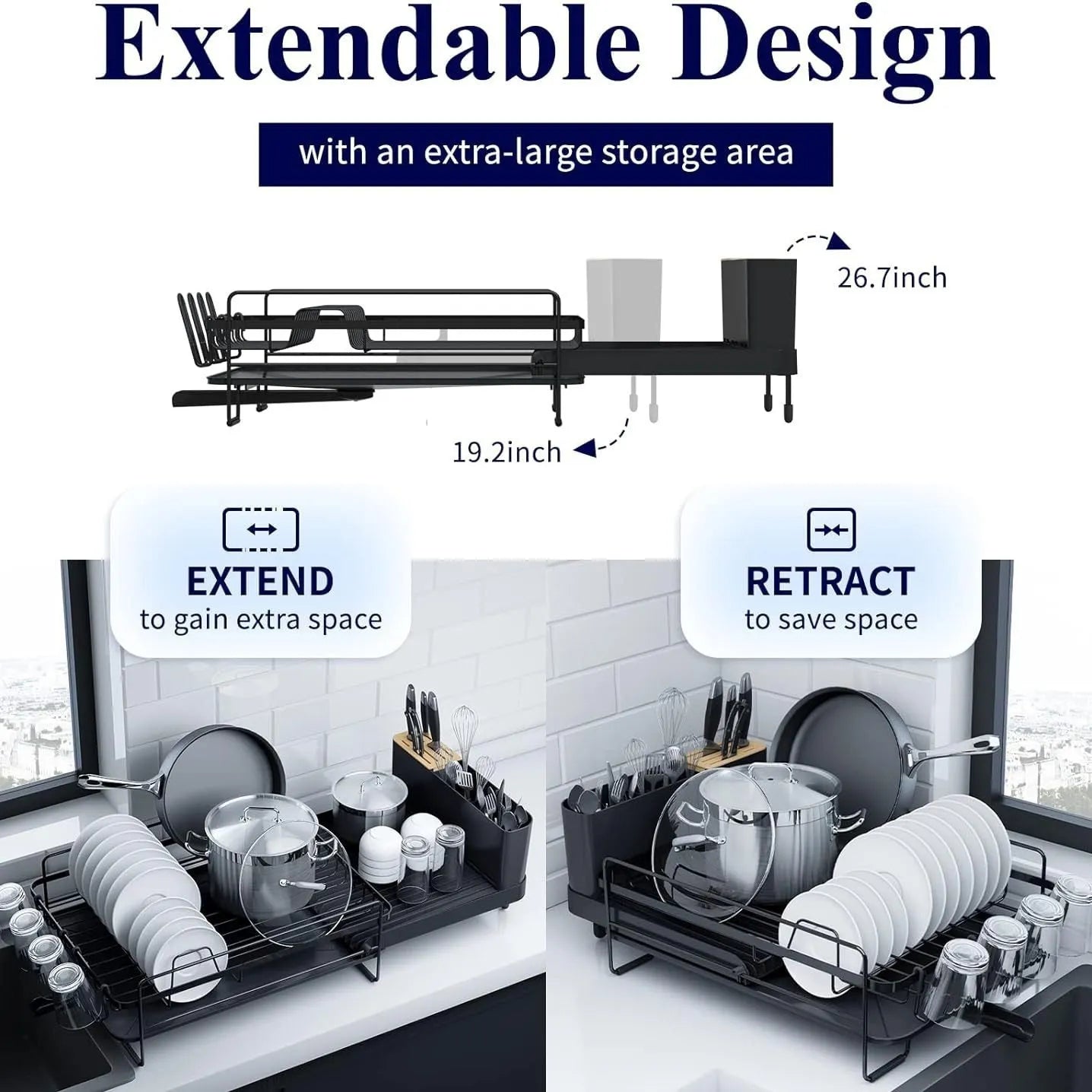 Retractable carbon steel cutlery drain rack in folded position showing modern design