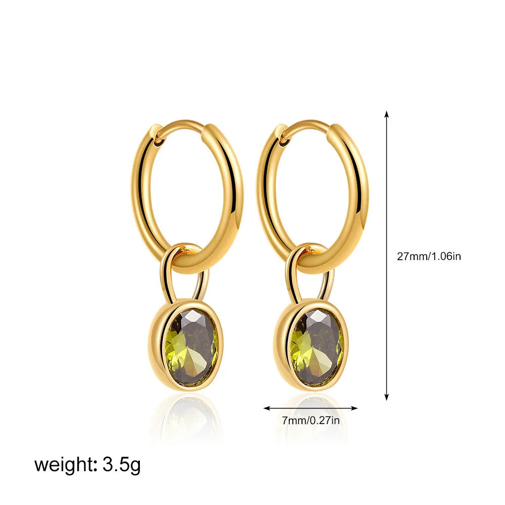 Women's retro-style oval zircon stud earrings in copper, shown in an army green colour variant.