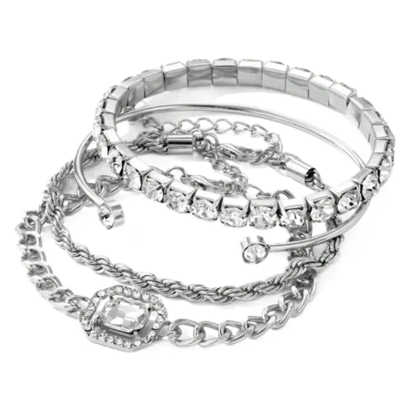 Women's retro-style geometric square diamond alloy bracelet set in gold and silver colours, four pieces shown.