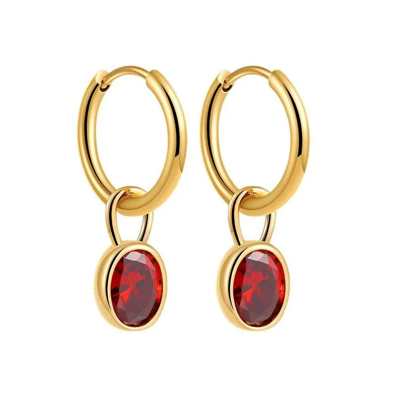 Women's retro-style oval zircon stud earrings in copper, shown in an army green colour variant.