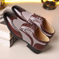 Men's houndstooth pattern casual shoes in square-toe design with lace-up front.
