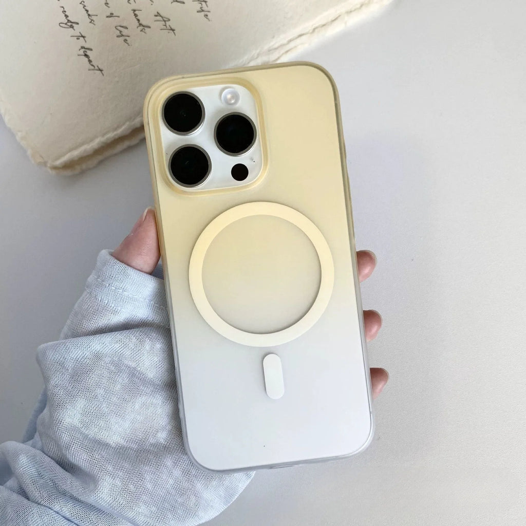 Gradient frosted magnetic suction iPhone case in blue colour variant showing MagSafe ring compatibility