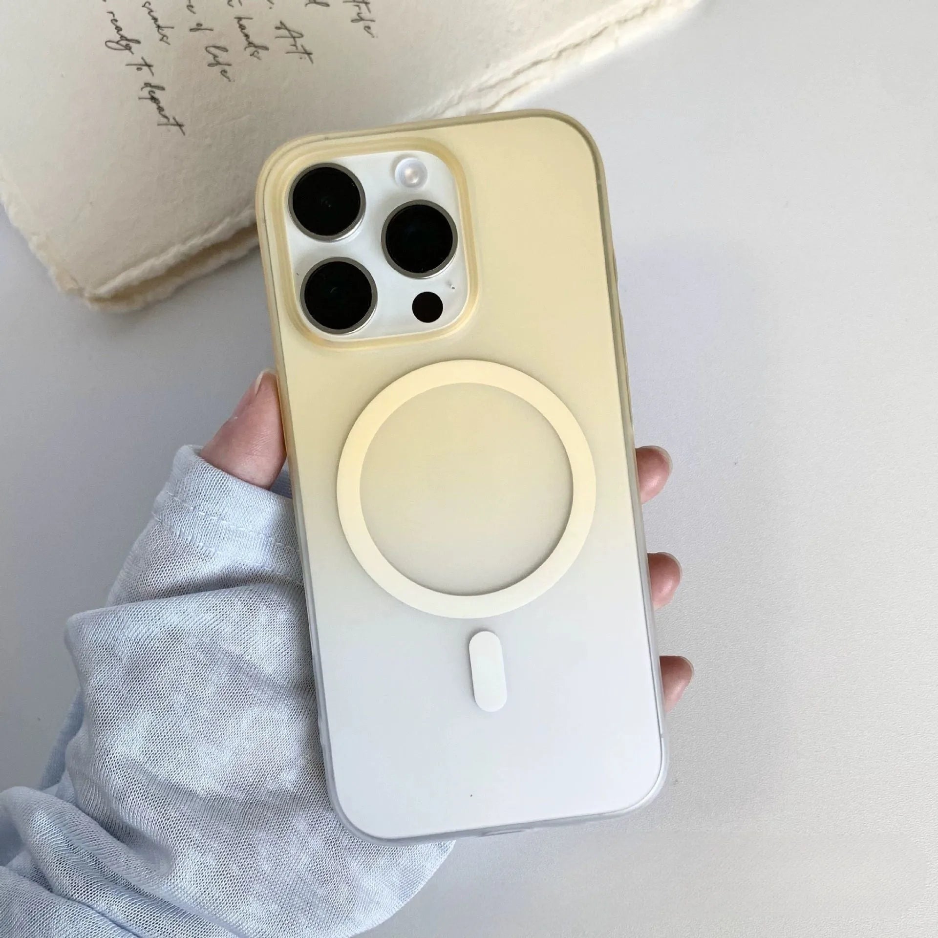Gradient frosted magnetic suction iPhone case in blue colour variant showing MagSafe ring compatibility