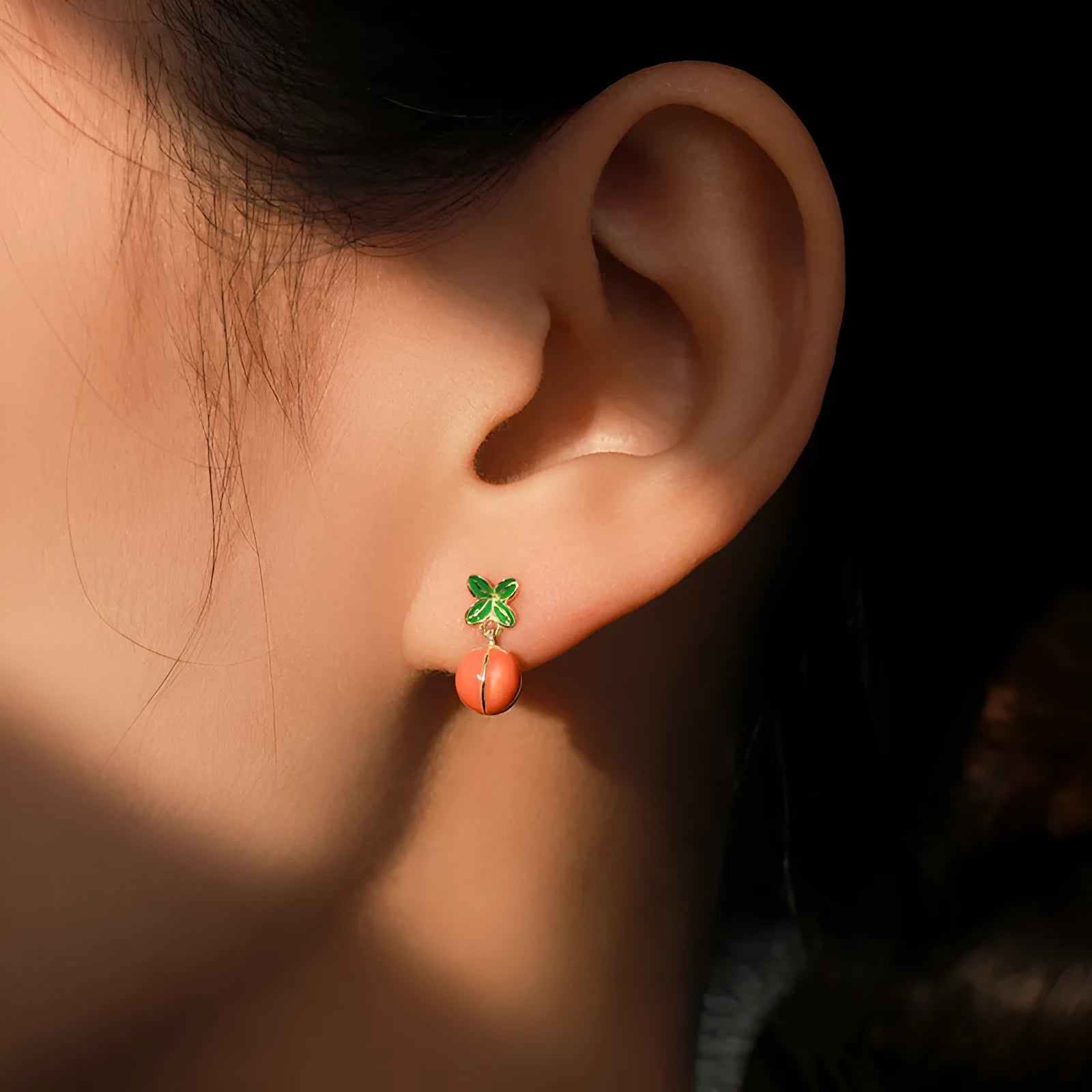 S925 sterling silver stud earrings with a red lucky persimmon charm, new Chinese style.