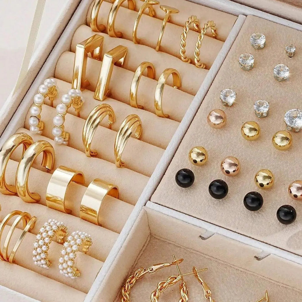 108-piece set of women's geometric pearl earrings in gold and yellow electroplated alloy
