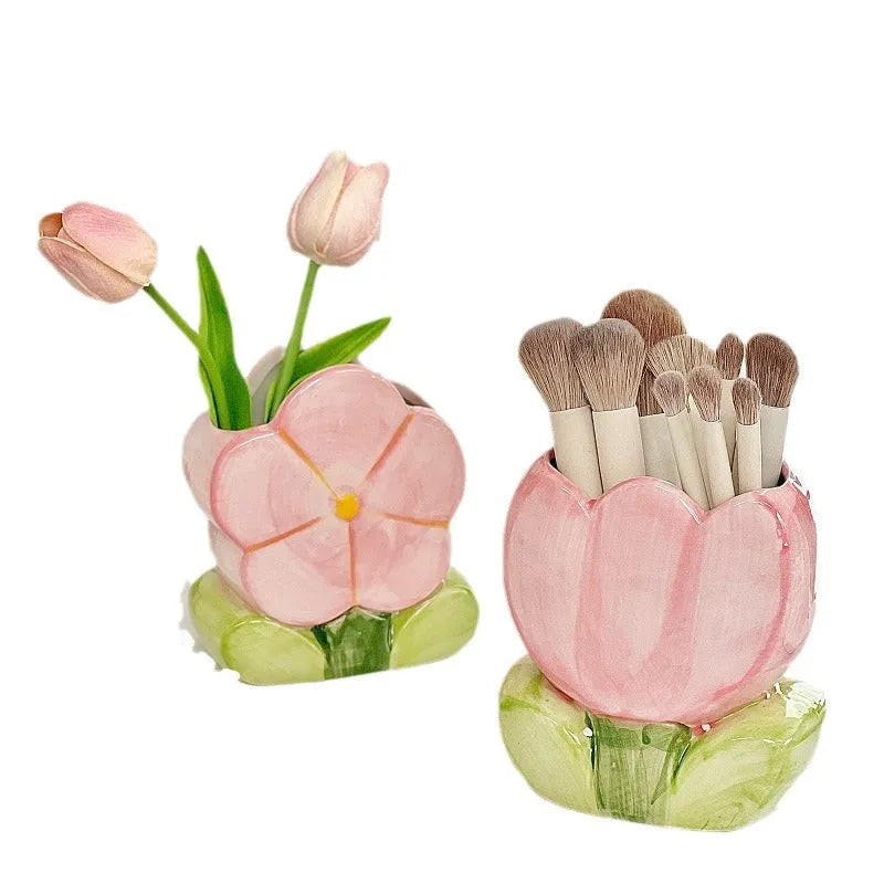 Ceramic floral pen holder and storage box for desktop organisation in decorative patterns