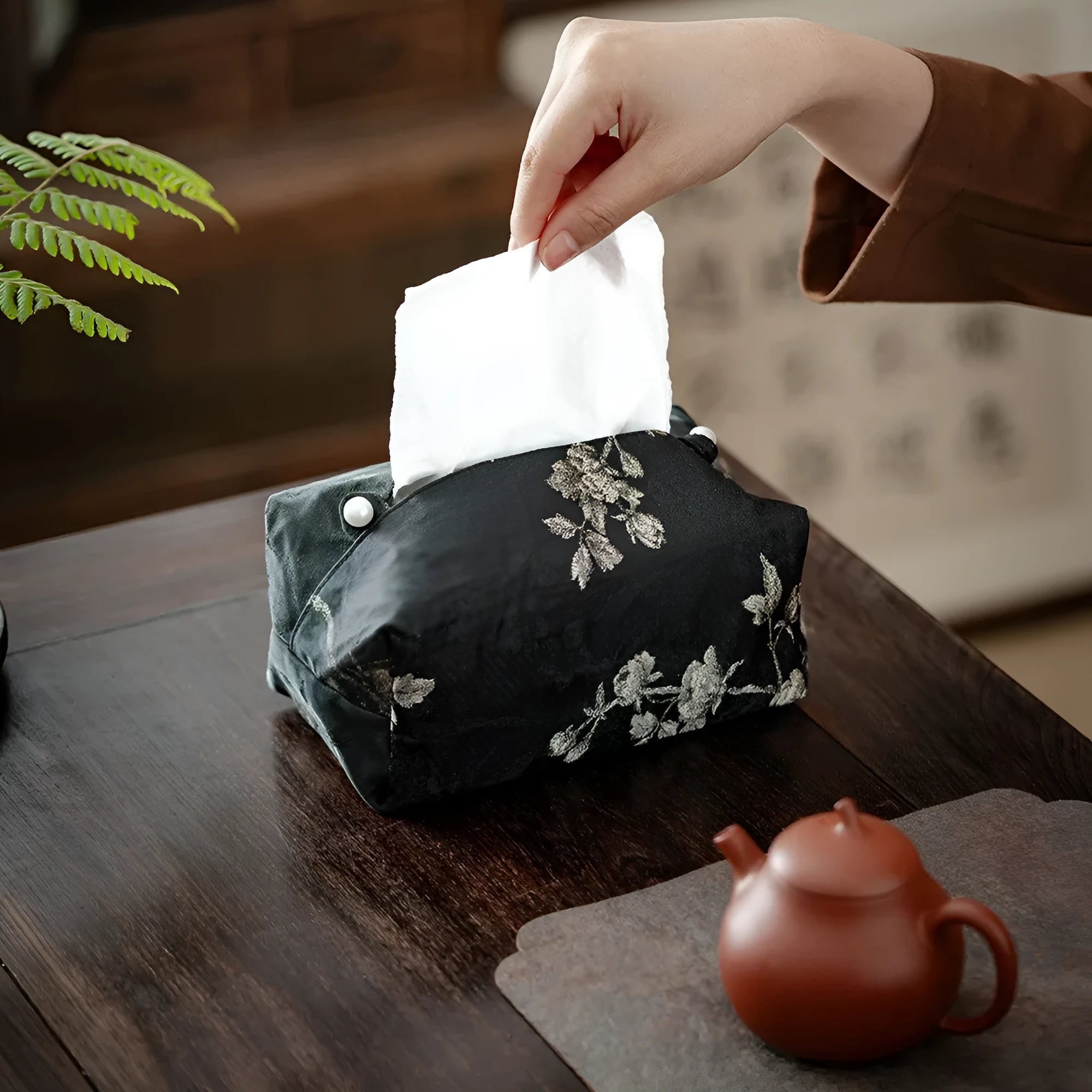 New Chinese style white brocade tissue box with embroidered plum blossoms, shown with and without a pearl buckle.