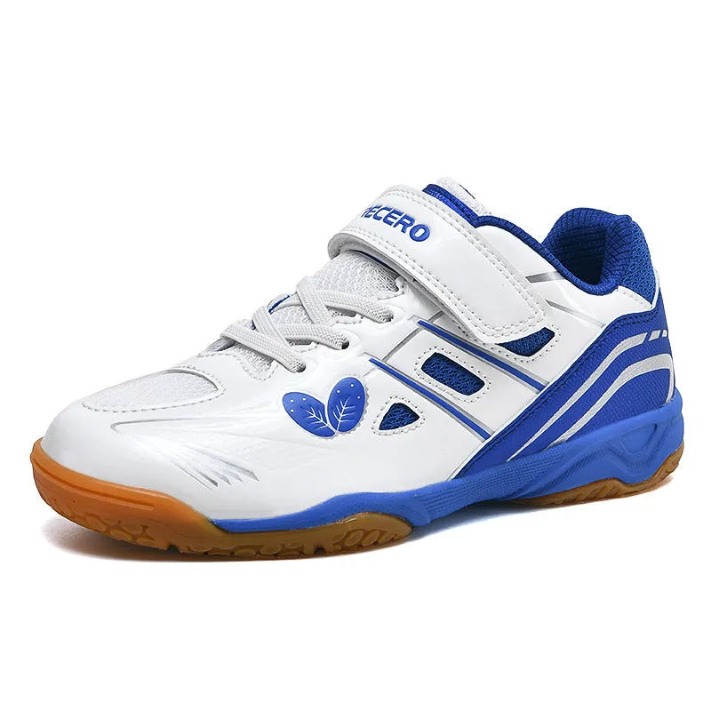 White and blue breathable badminton shoes with a low-top casual design and ribbed sole.