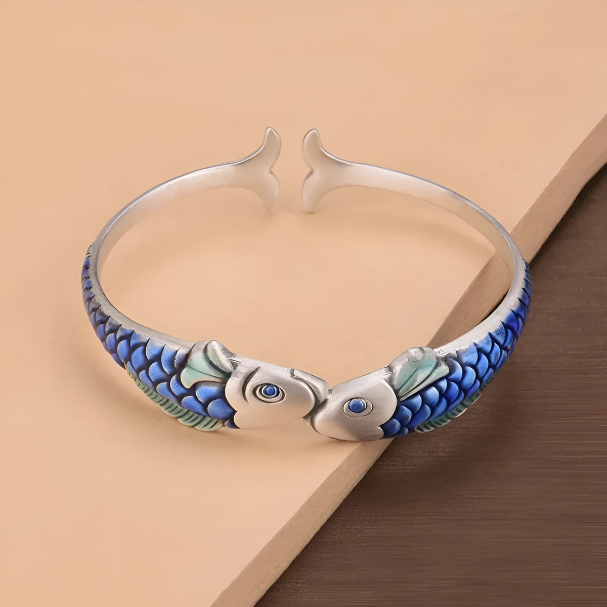 Ethnic style blue carp bracelet with silver electroplated copper finish, 60mm inner diameter, 13mm width