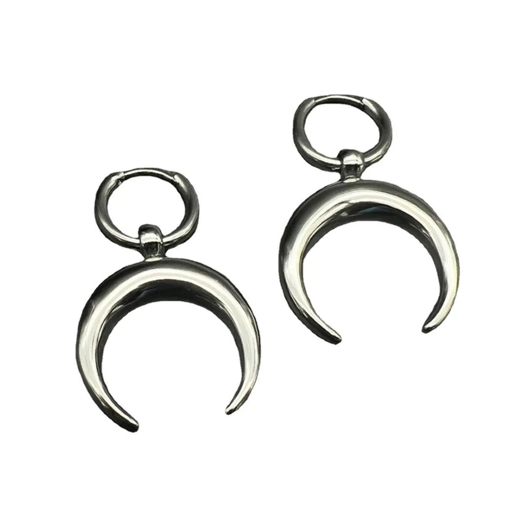Silver electroplated big hoop earrings with geometric shape and moon element, vintage gothic punk jewellery