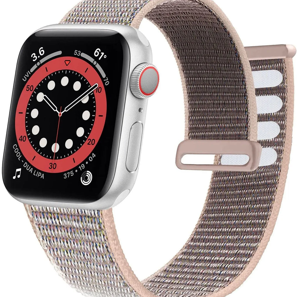 Woven nylon Apple Watch strap in multiple colours showing fabric texture and watch attachment