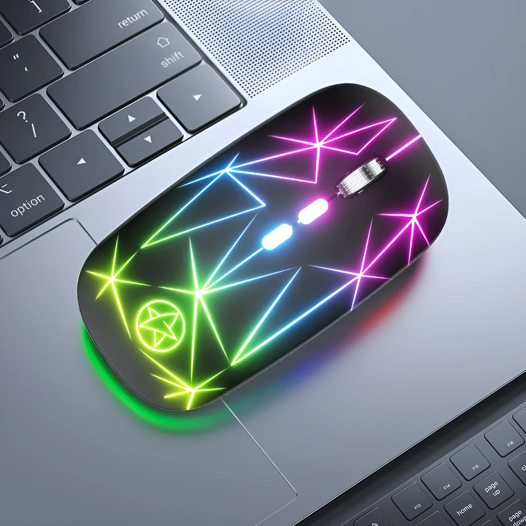 Wireless Bluetooth gaming mouse with metal scroll wheel, five buttons, and luminous charging indicator
