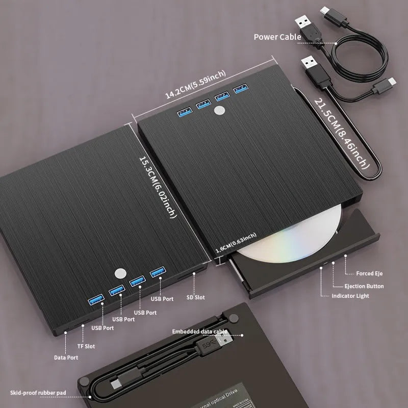 Black external DVD burner with USB and Type-C cables, tray loading slot, and 0.36 kg plastic body
