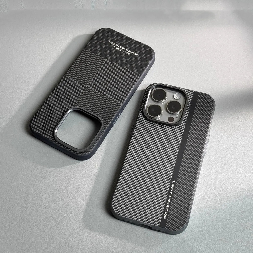 Carbon fiber drop-resistant protective cover for iPhone 12 13 14 Pro Max in black plaid pattern with frosted finish