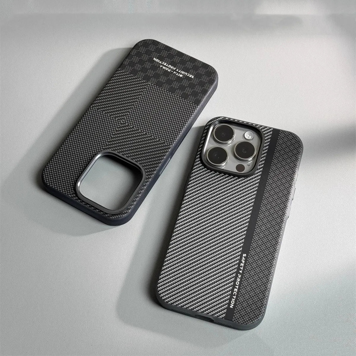 Carbon fiber drop-resistant protective cover for iPhone 12 13 14 Pro Max in black plaid pattern with frosted finish
