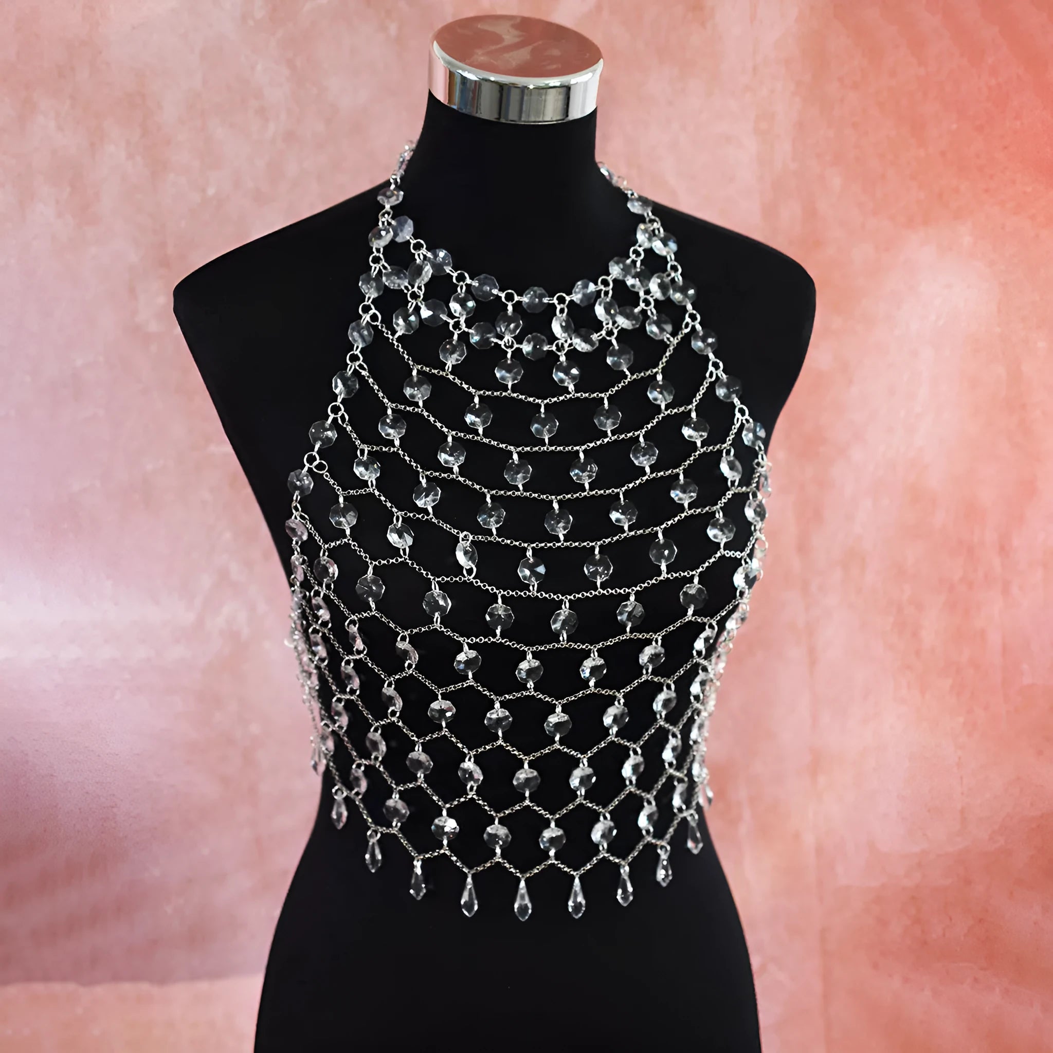 Transparent acrylic crystal sequin body chain hand-woven as chest and waist jewellery