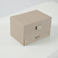 Hard PU leather jewelry storage box in beige, black, pink, or rose gold, dimensions 22.5cm x 15.5cm x 14cm.