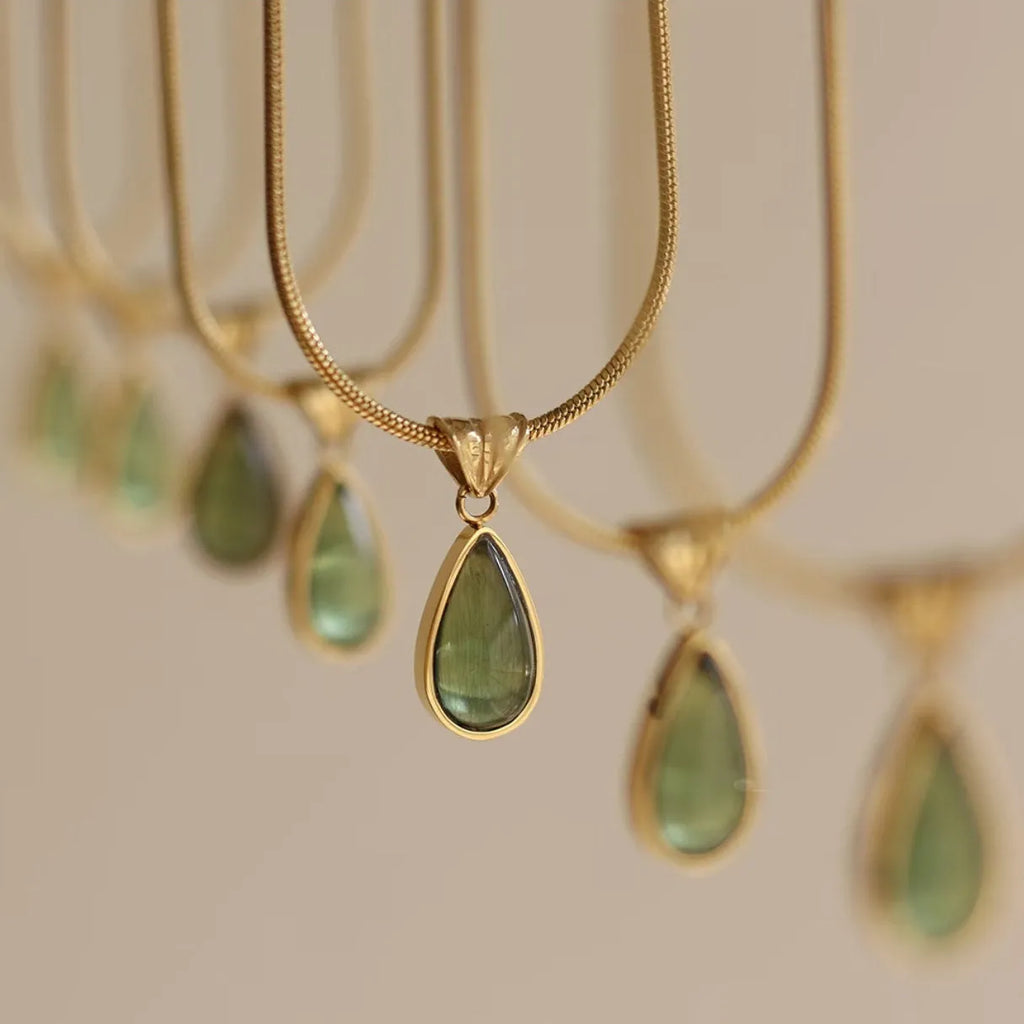 Retro blue and green water drop necklace with titanium steel snake chain and mixed gemstone pendant