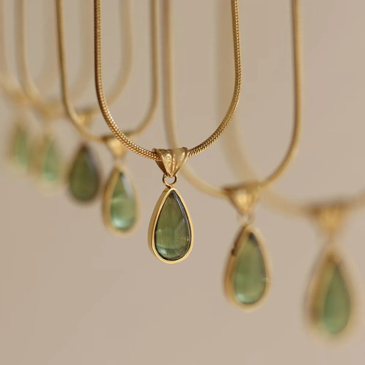 Retro blue and green water drop necklace with titanium steel snake chain and mixed gemstone pendant