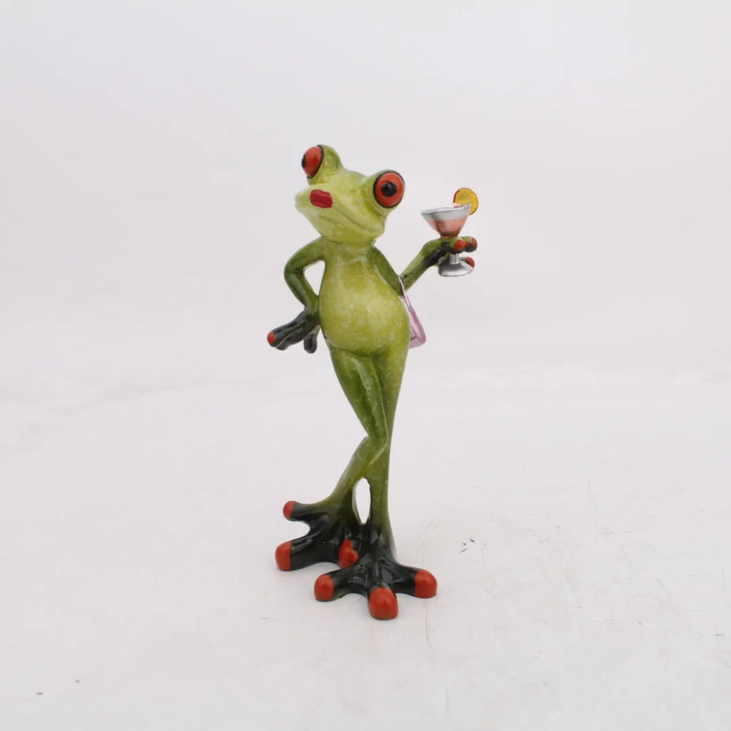 Pastoral style synthetic resin frog ornament with plastic base for shelf or desk decoration.