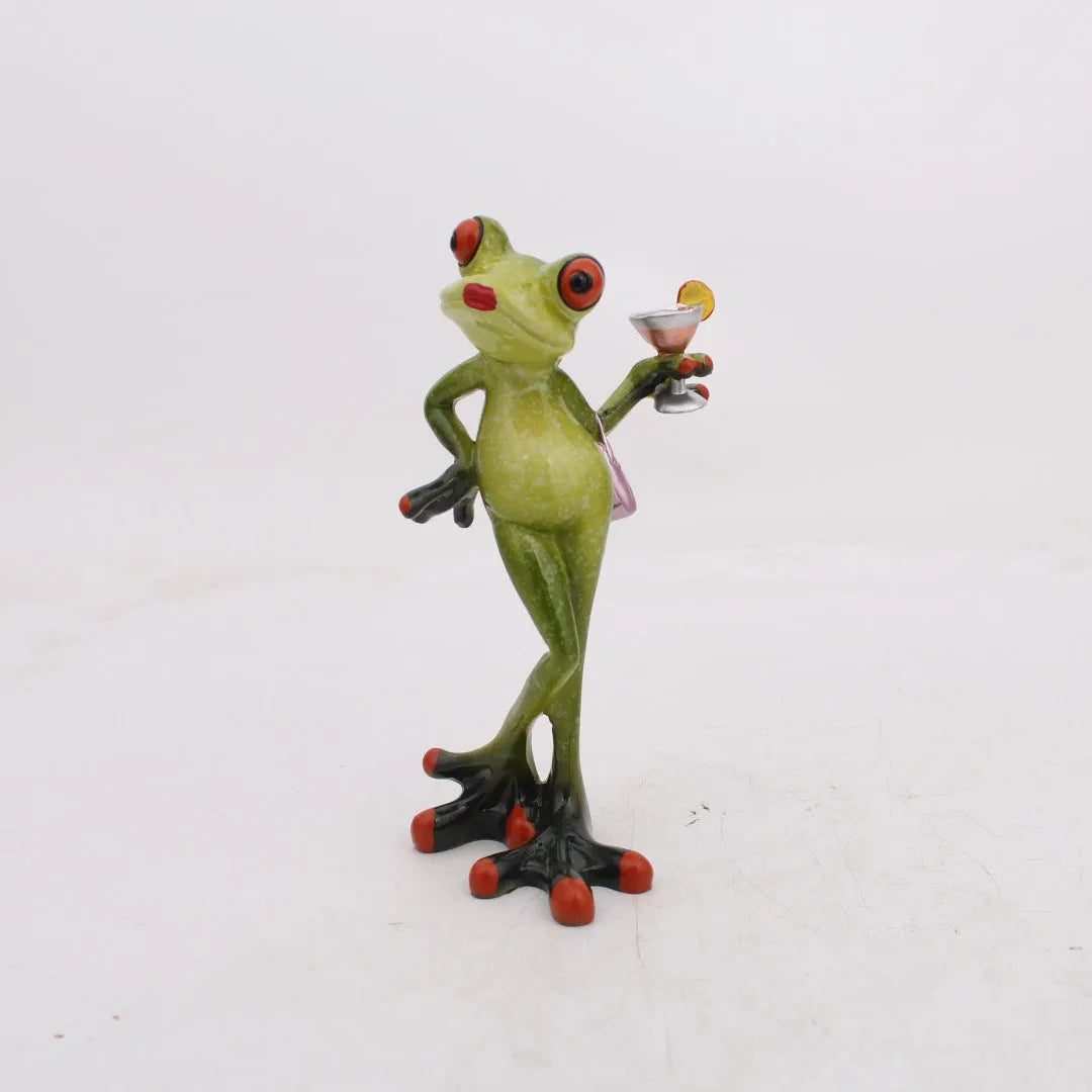 Pastoral style synthetic resin frog ornament with plastic base for shelf or desk decoration.