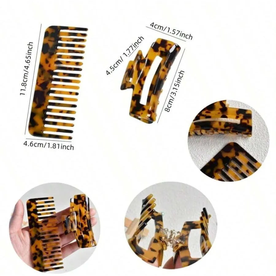 Acetic acid wide-tooth hair comb and hair clip set in geometric design with multiple colour options including beige grain and dark hawksbill