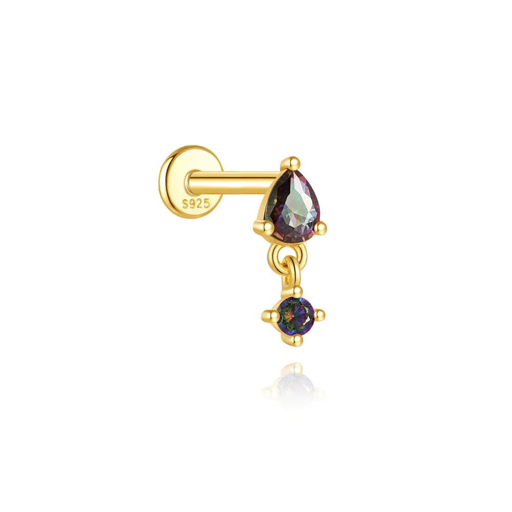 S925 sterling silver flat head thread piercing earrings with geometry rainbow stone in gold colour