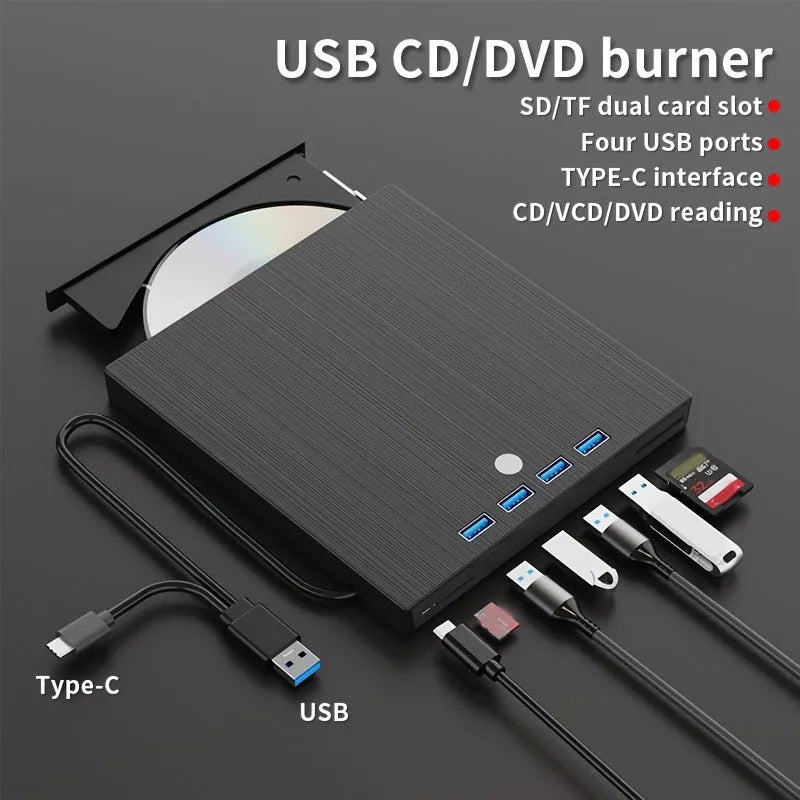 Black external DVD burner with USB and Type-C cables, tray loading slot, and 0.36 kg plastic body
