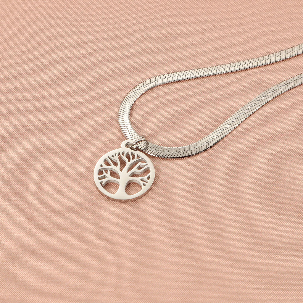 Stainless steel adjustable lucky tree necklace with a snake bone chain on a white background.