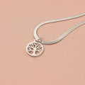 Stainless steel adjustable lucky tree necklace with a snake bone chain on a white background.