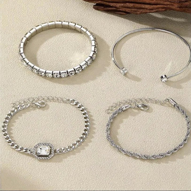 Women's retro-style geometric square diamond alloy bracelet set in gold and silver colours, four pieces shown.