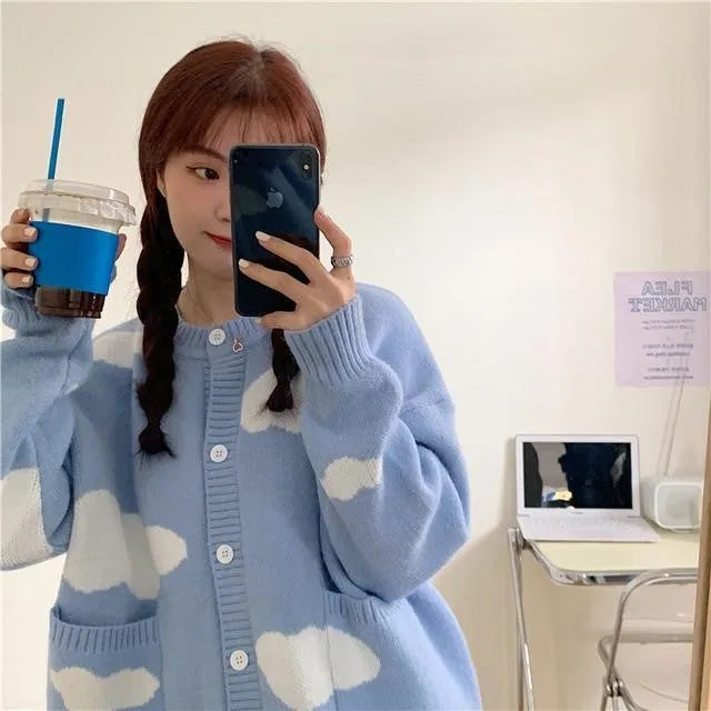 Women's blue cloud pattern spandex cardigan sweater with loose fit and long sleeves