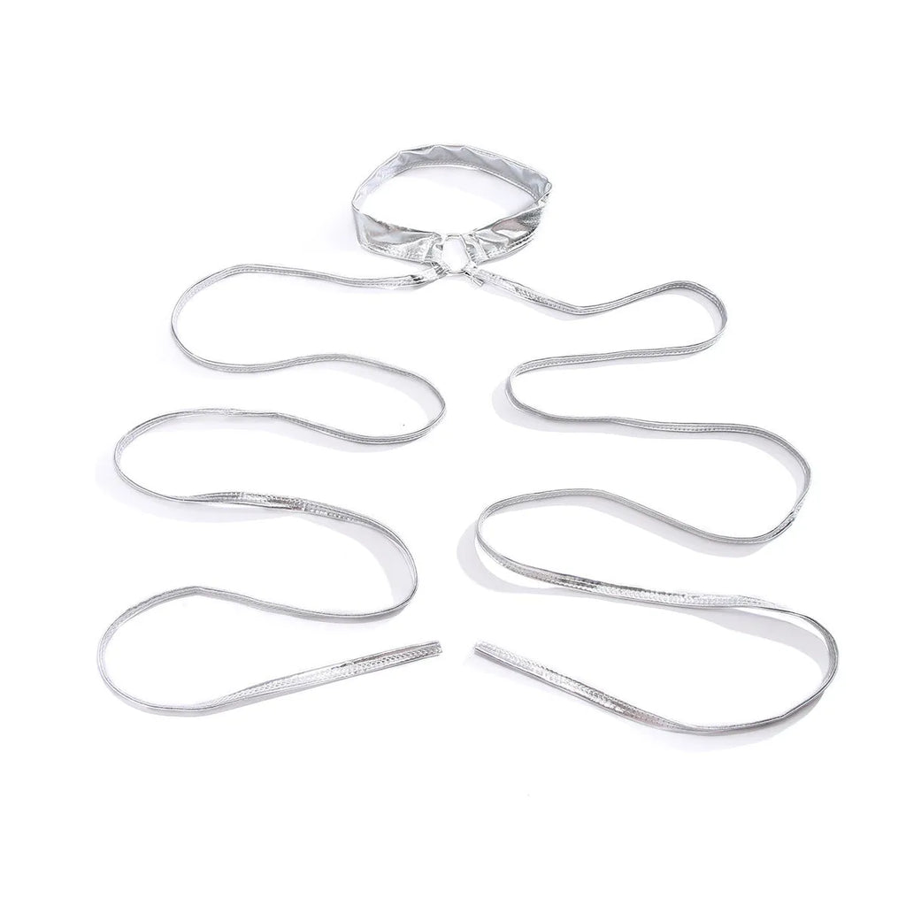 Silver geometric thigh chain with adjustable lace-up design and cross-strap style