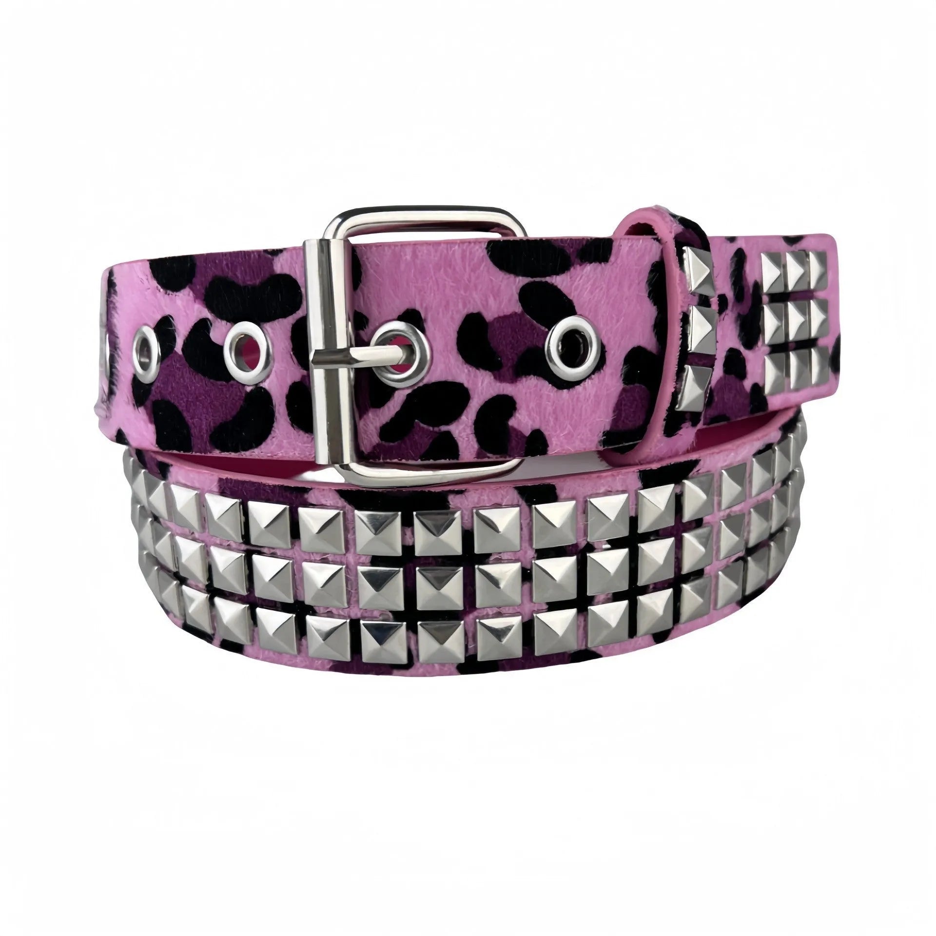 Women's punk style hip hop belt with metal decorative rivets and pyramid pattern on PU leather