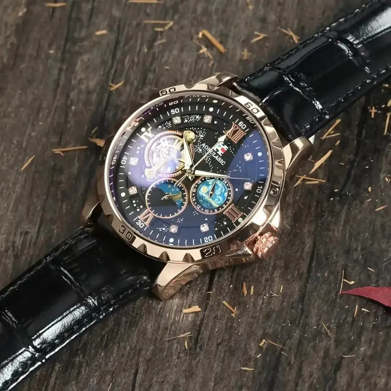 Men's black and rose gold automatic mechanical watch with hollow dial on a black leather strap.