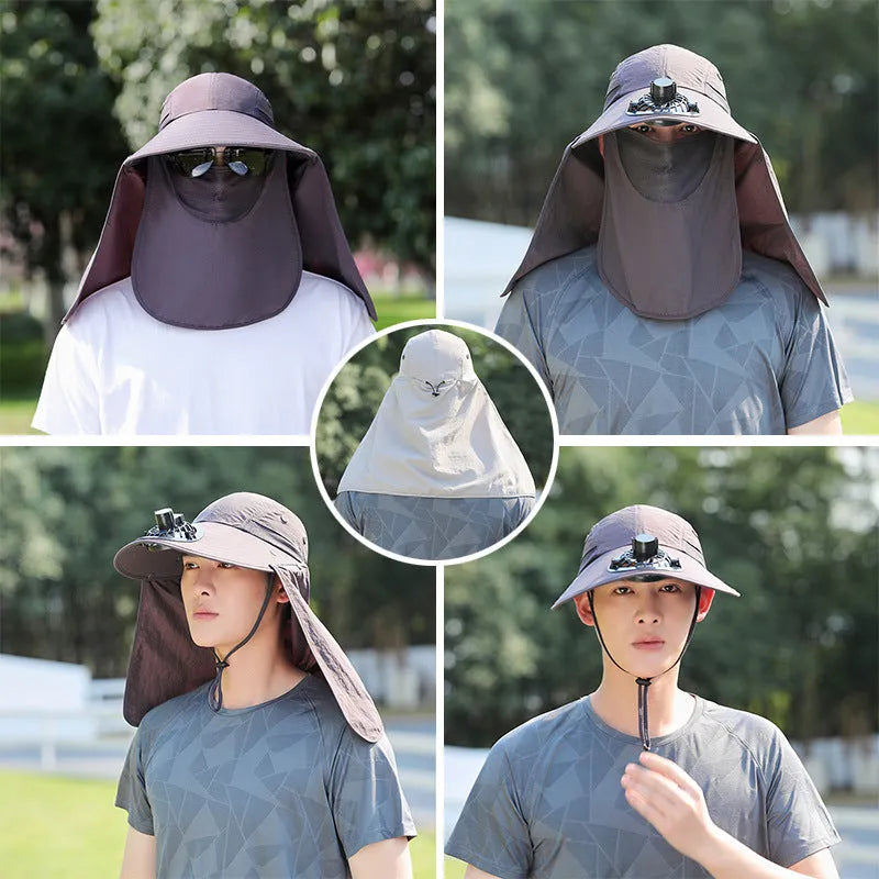 Men's khaki sun hat with built-in USB fan, face covering, and extended neck protection shawl.