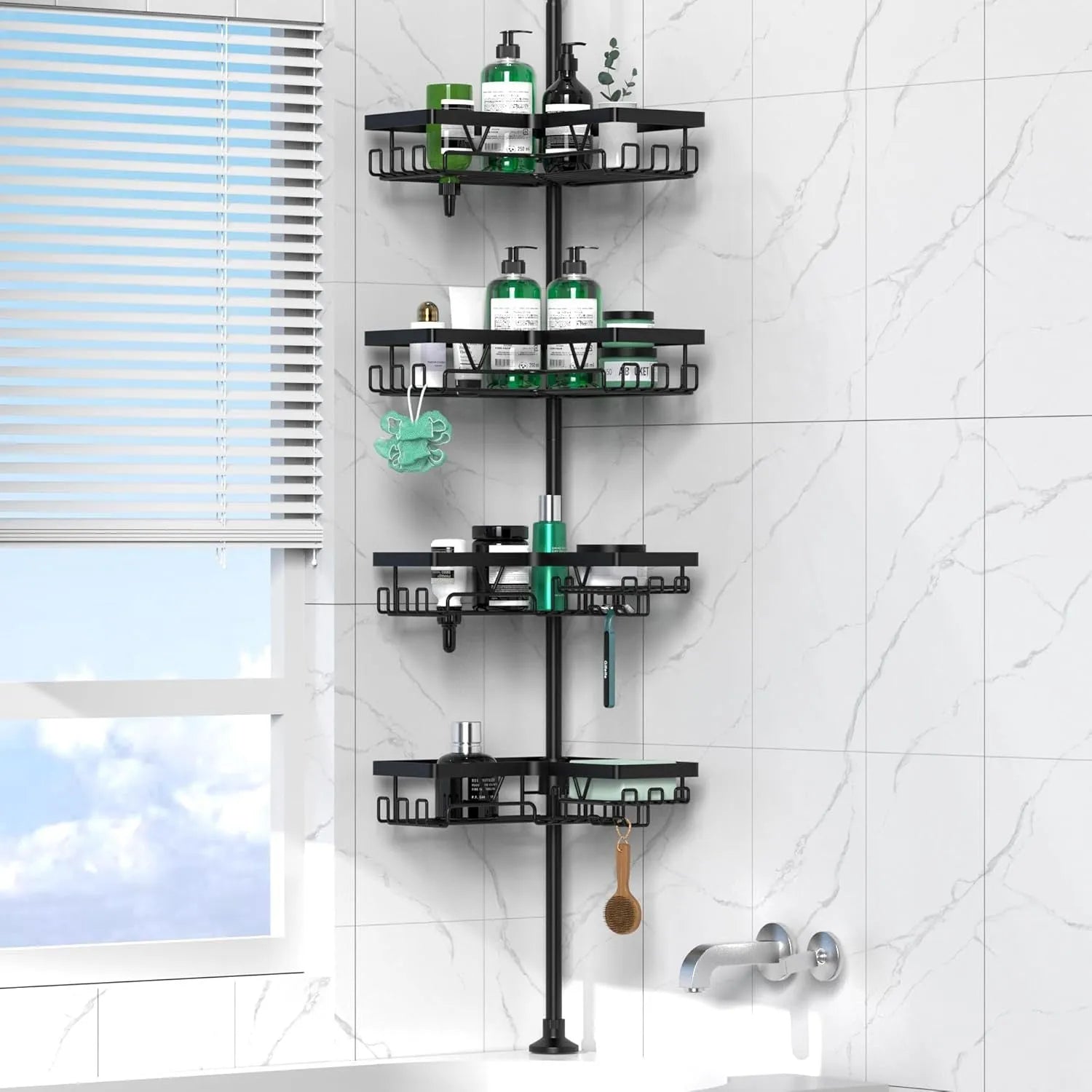 Hole-free stainless steel bathroom storage rack with four retractable layers