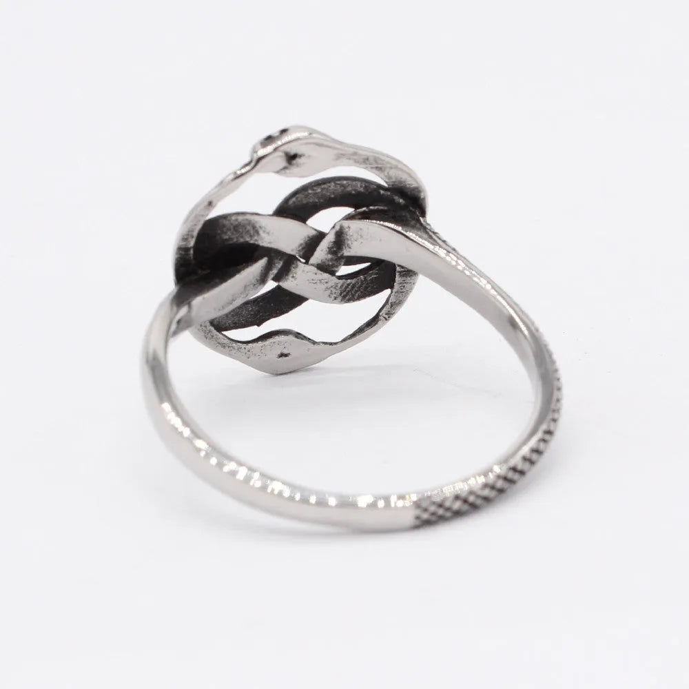 Personalised titanium steel double snake ring in steel colour on a grey background.