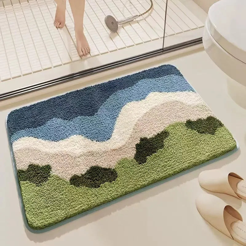 Square rainbow pattern floor mat in sky sea colour with a flat polyester weave and plastic backing
