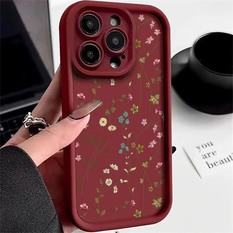 Line flower silicone iPhone case with photo frame, anti-fall all-inclusive cover in antique white, matte black or wine red
