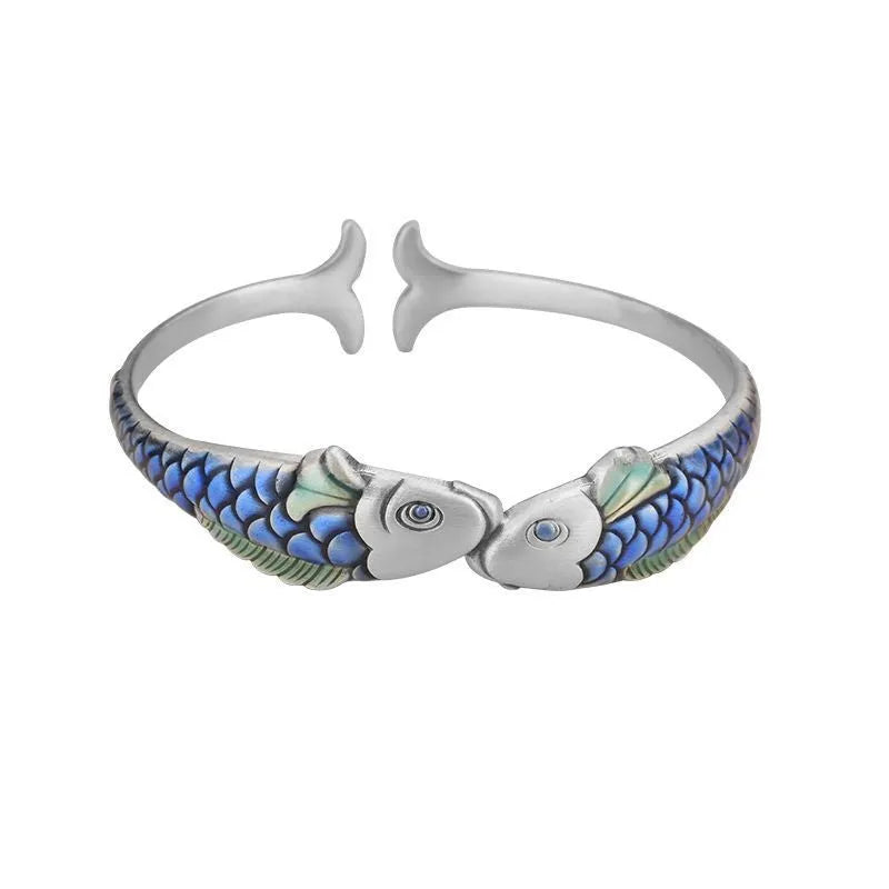 Ethnic style blue carp bracelet with silver electroplated copper finish, 60mm inner diameter, 13mm width