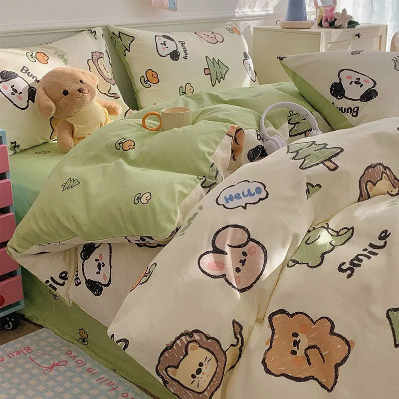 Cartoon dog print on a pure cotton duvet cover and pillowcase from a four-piece bedding set.