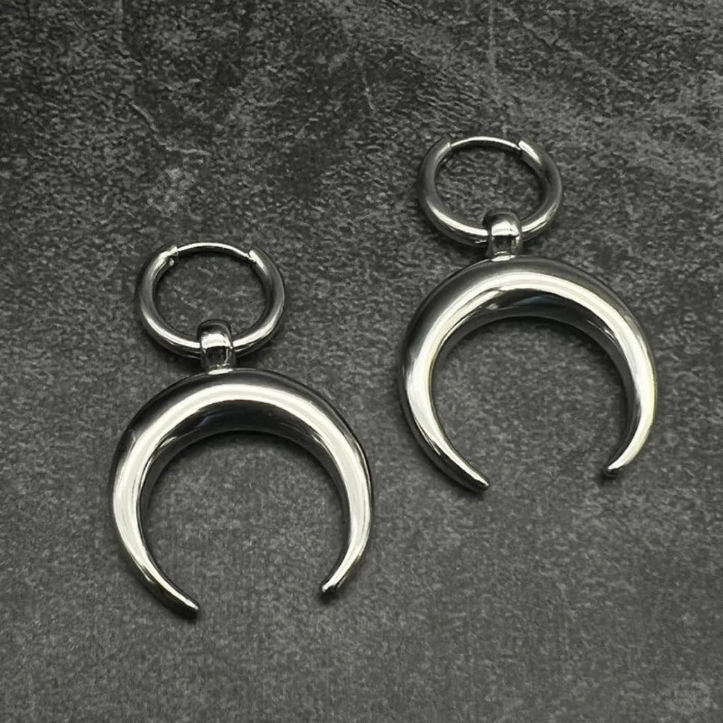 Silver electroplated big hoop earrings with geometric shape and moon element, vintage gothic punk jewellery