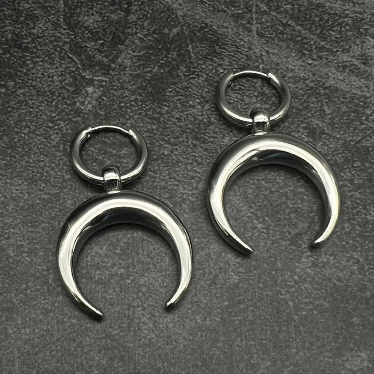 Silver electroplated big hoop earrings with geometric shape and moon element, vintage gothic punk jewellery